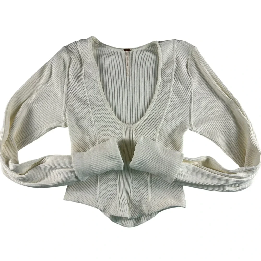 Free People White Ribbed Knit Scoop Neck Corset Top Long Sleeve Wide Cuff Small